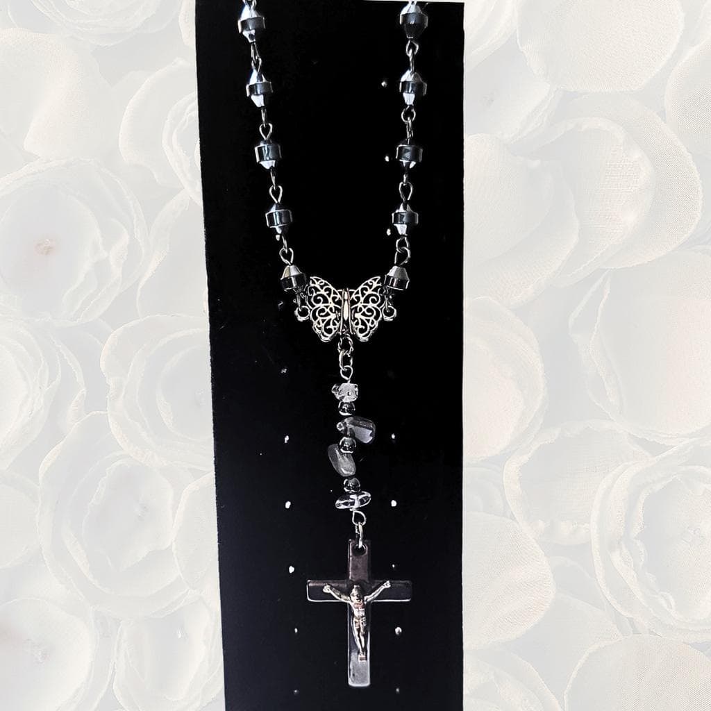 Hematite Cross Butterfly Crystal Necklace Smokey Quartz Clear Quartz Beaded - Thumbnail 6