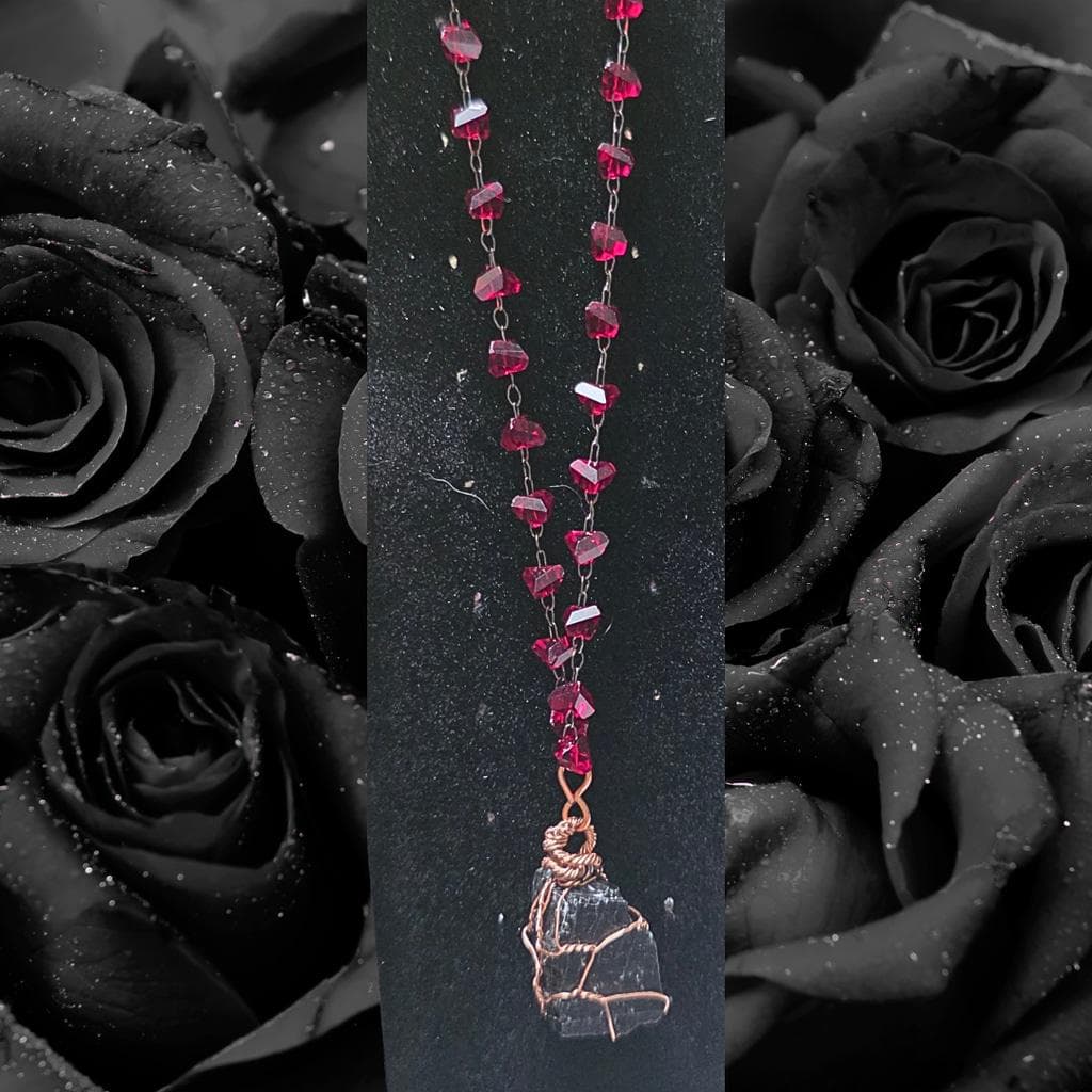 Raw Black Tourmaline & Crimson Crystal Necklace – Copper Wrapped Protection - Thumbnail 2