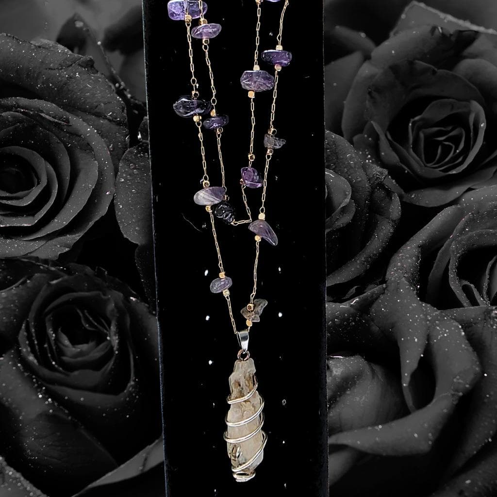 Layered Citrine Point and Amethyst Chip Necklace Set, Gold-Tone Wire Wrapped Jewelry - Thumbnail 3