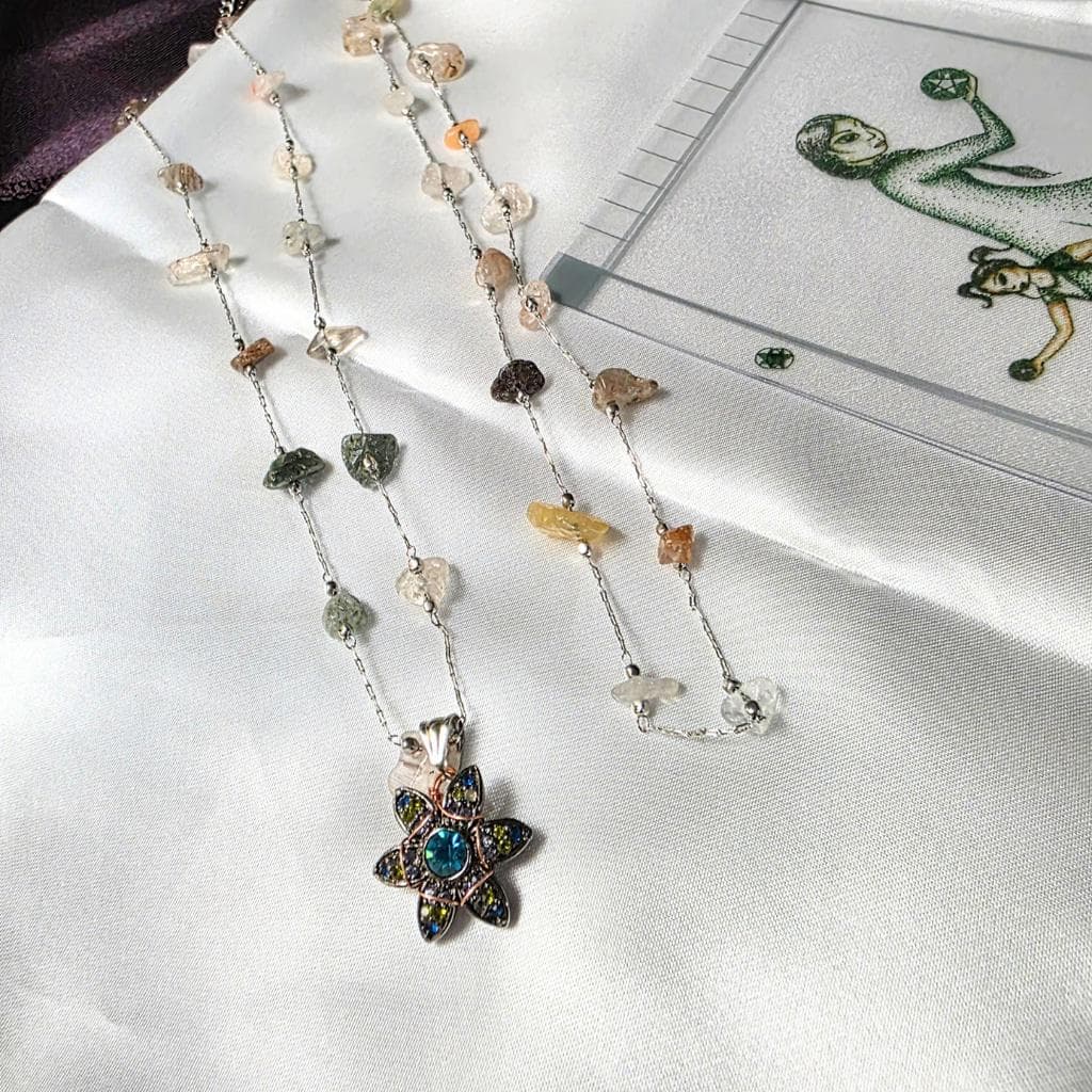 Fluorite Chip 2-Strand Necklace — Copper Wrapped Celestial Pendant — Layered Gem - Thumbnail 4