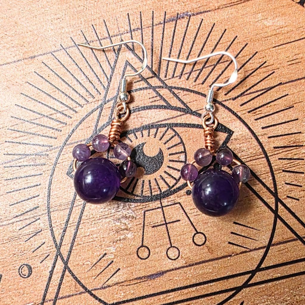 Amethyst Cat Paw Earrings - Handmade Copper Wire Wrapped - Hypoallergenic - Thumbnail 2