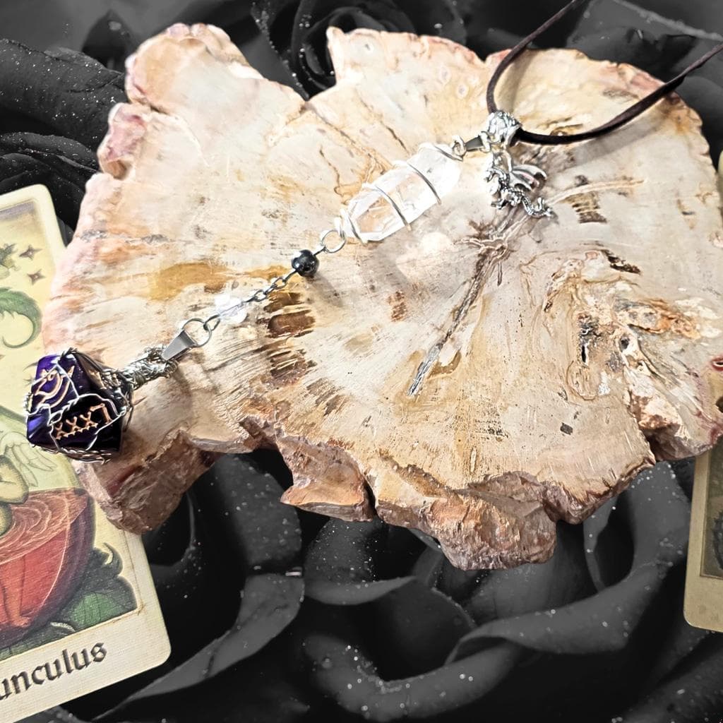 The Weaver of Fate d10 Amulet – Purple 10-Sided Die with Clear Quartz & Hematite - Thumbnail 6
