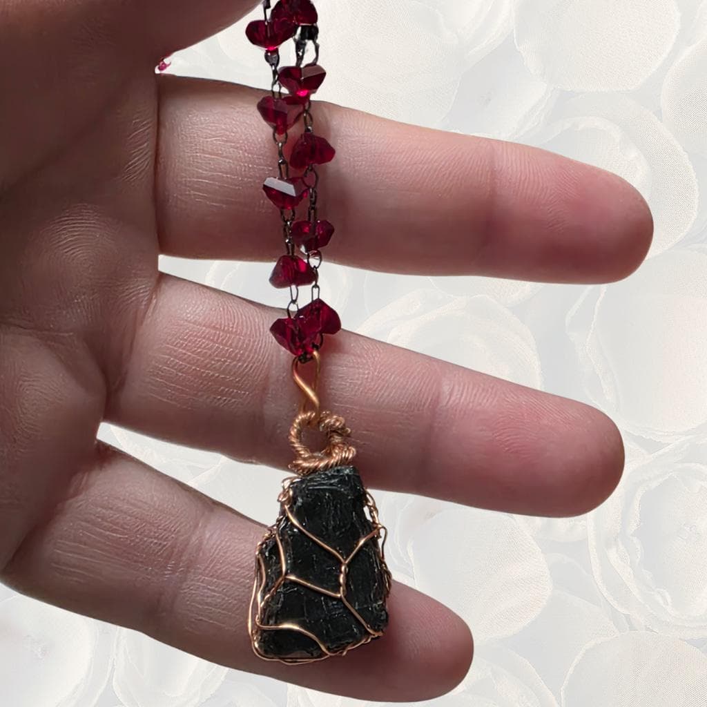 Raw Black Tourmaline & Crimson Crystal Necklace – Copper Wrapped Protection - Thumbnail 3