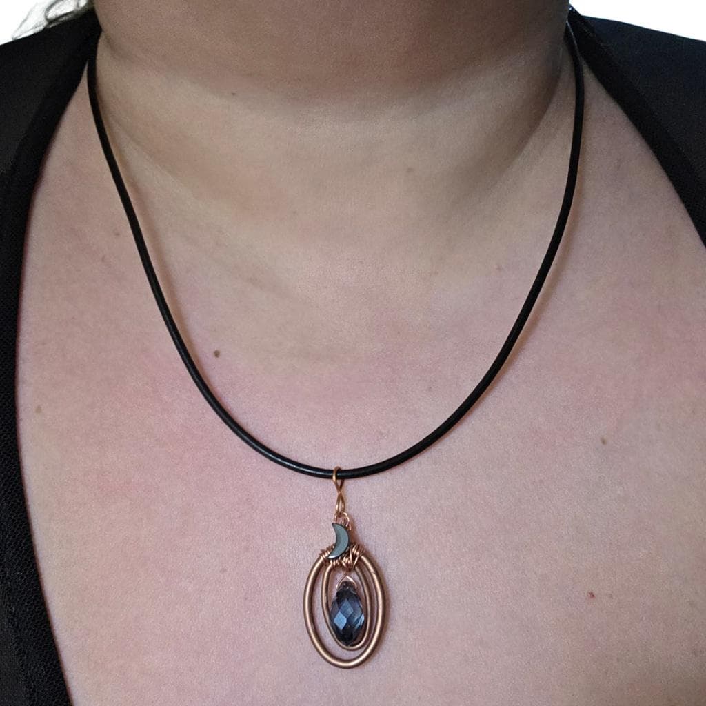 Handmade Copper Wire Wrapped Crystal Moon Pendant Black Leather Cord Necklace - Thumbnail 7