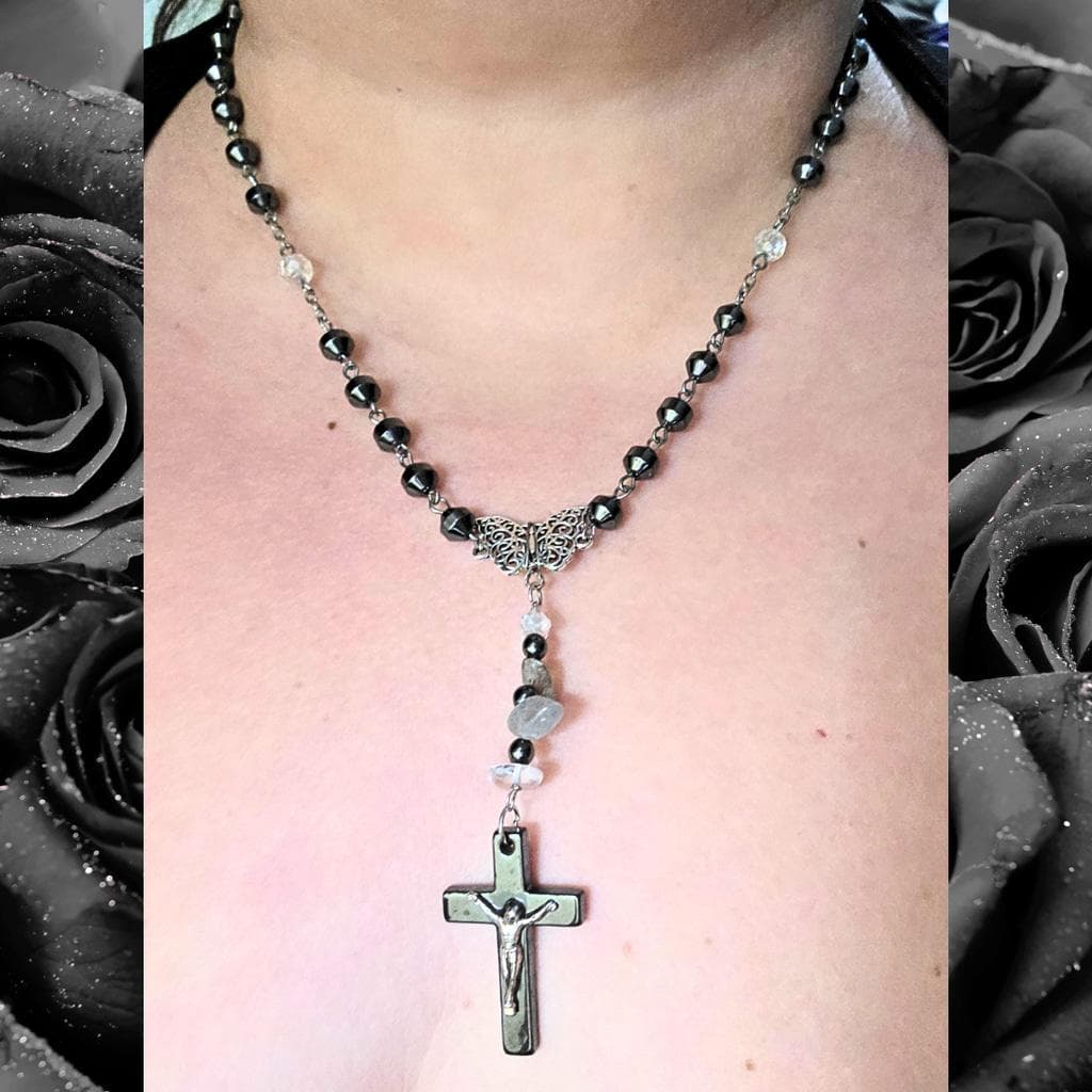 Hematite Cross Butterfly Crystal Necklace Smokey Quartz Clear Quartz Beaded - Thumbnail 3
