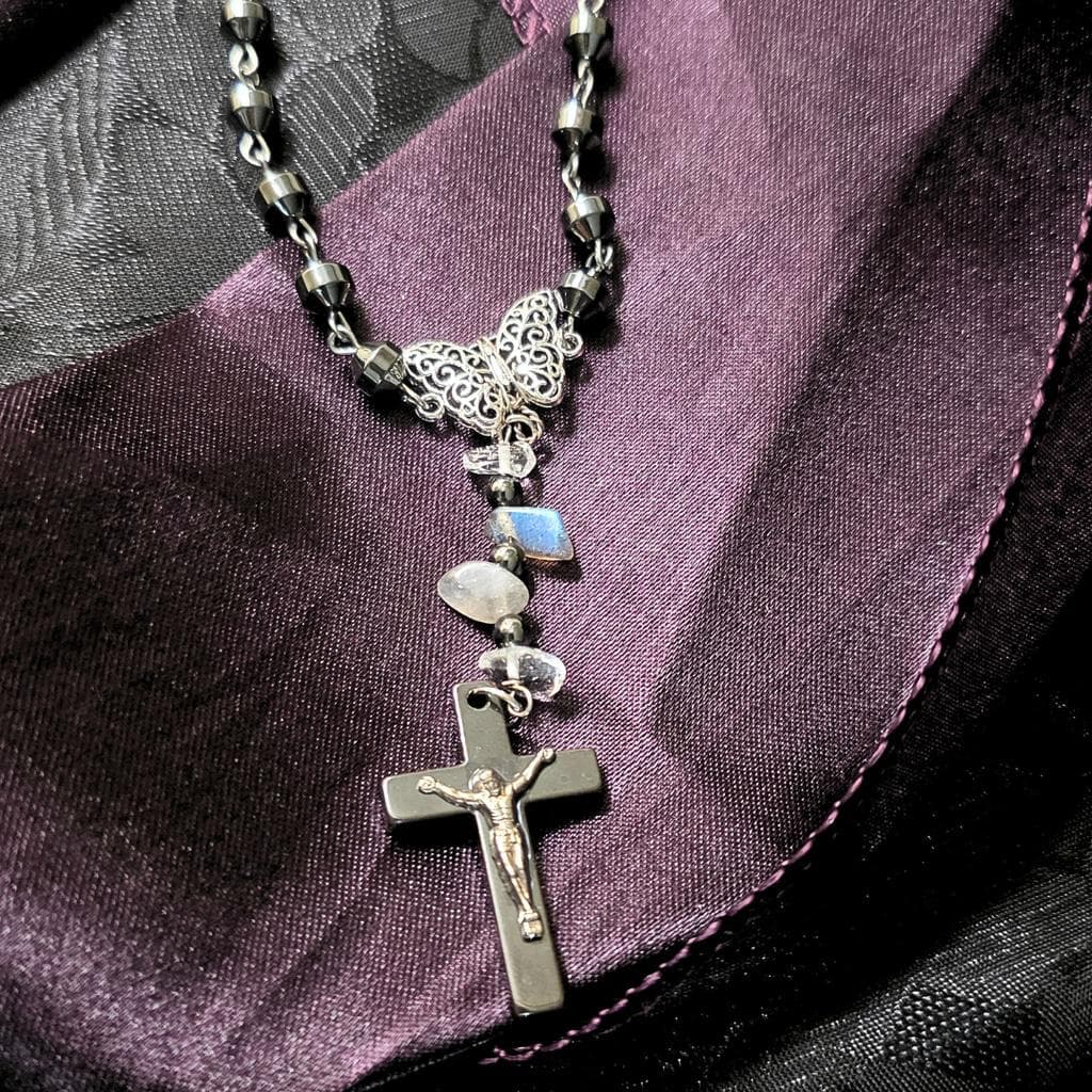 Hematite Cross Butterfly Crystal Necklace Smokey Quartz Clear Quartz Beaded - Thumbnail 4
