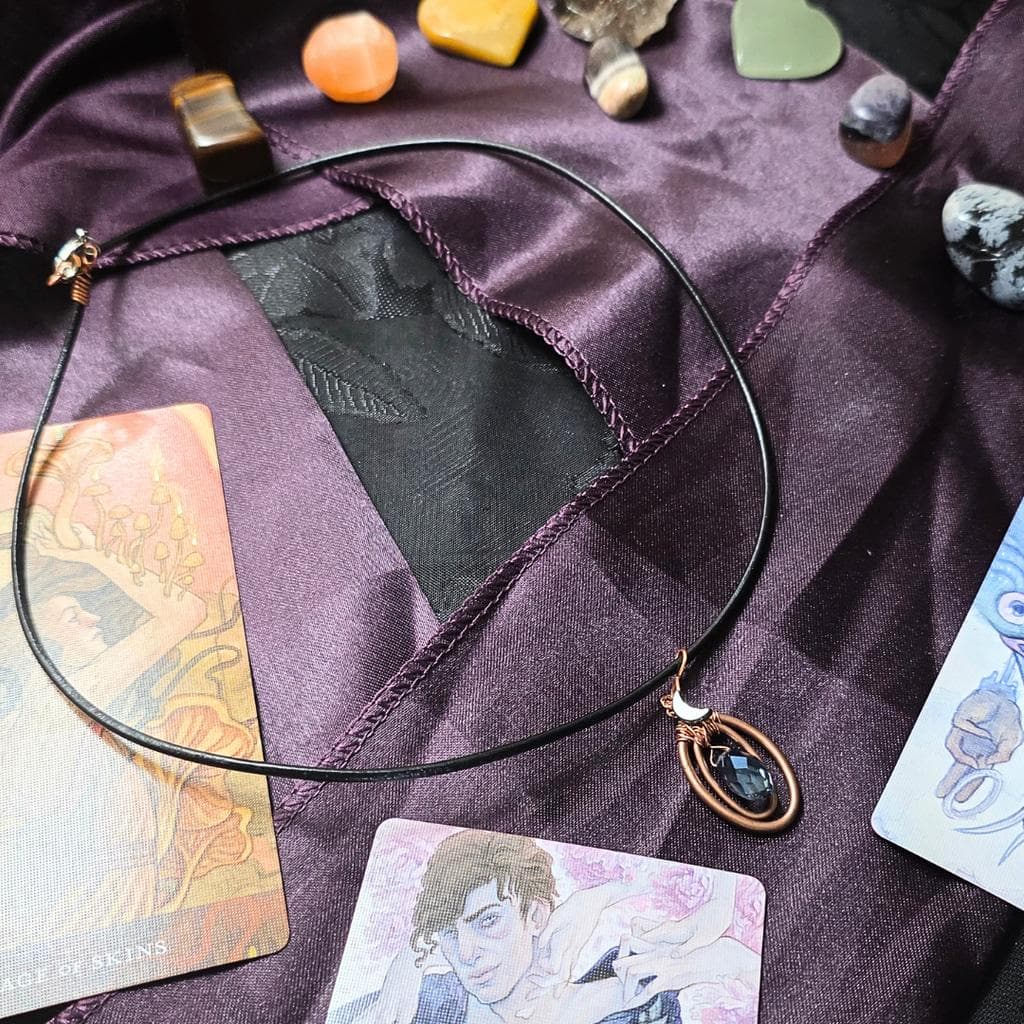 Handmade Copper Wire Wrapped Crystal Moon Pendant Black Leather Cord Necklace - Thumbnail 2