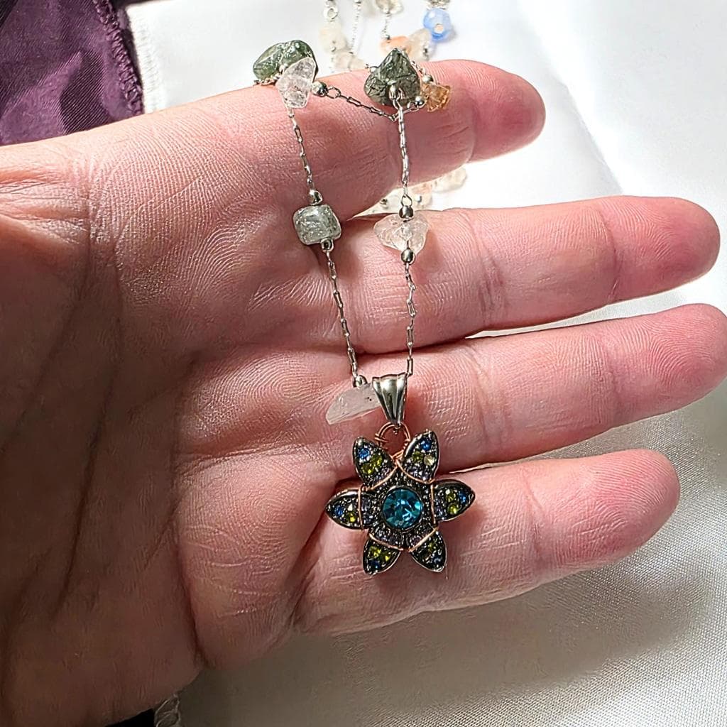 Fluorite Chip 2-Strand Necklace — Copper Wrapped Celestial Pendant — Layered Gem - Thumbnail 2