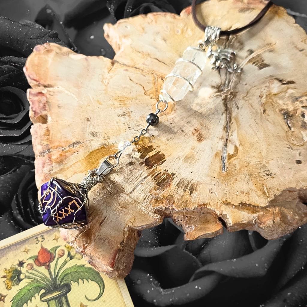 The Weaver of Fate d10 Amulet – Purple 10-Sided Die with Clear Quartz & Hematite - Thumbnail 5