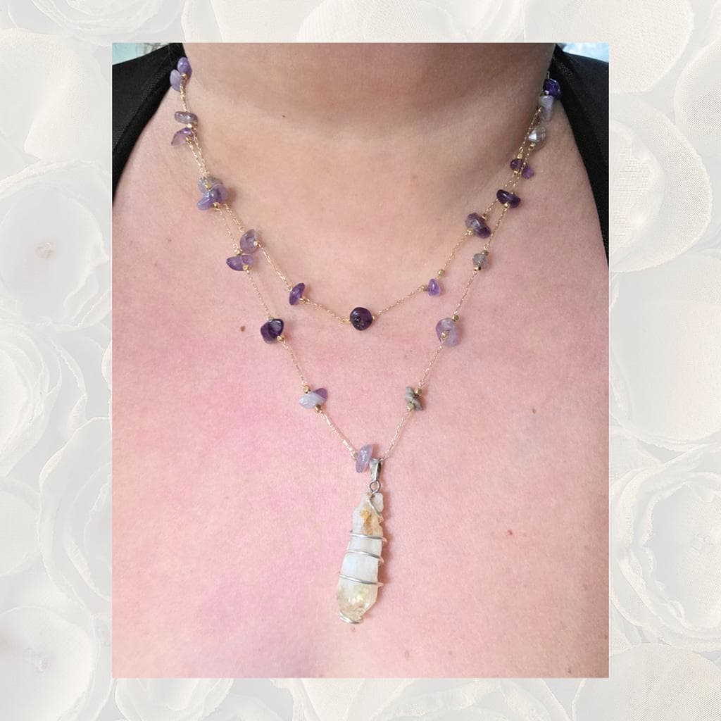 Layered Citrine Point and Amethyst Chip Necklace Set, Gold-Tone Wire Wrapped Jewelry - Thumbnail 6