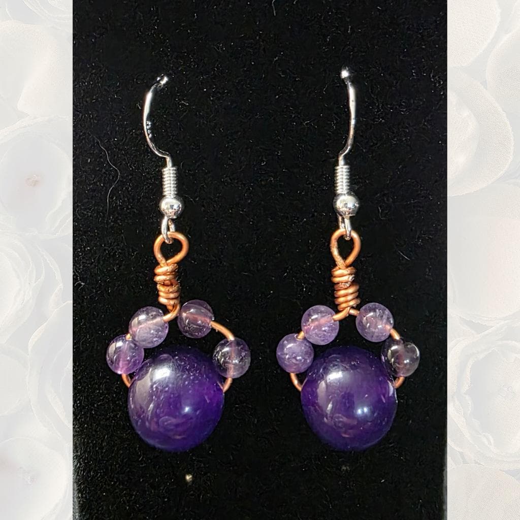 Amethyst Cat Paw Earrings - Handmade Copper Wire Wrapped - Hypoallergenic