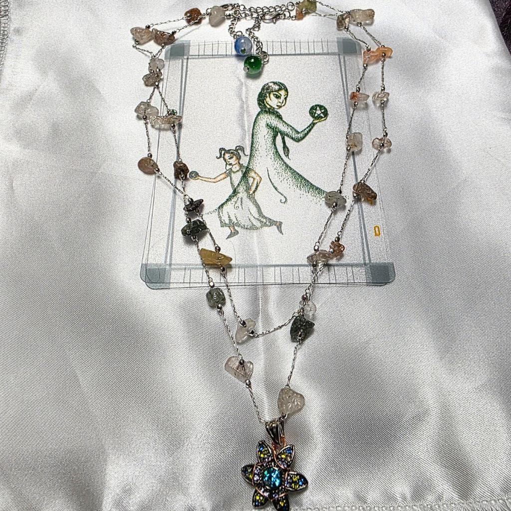 Fluorite Chip 2-Strand Necklace — Copper Wrapped Celestial Pendant — Layered Gem - Thumbnail 5