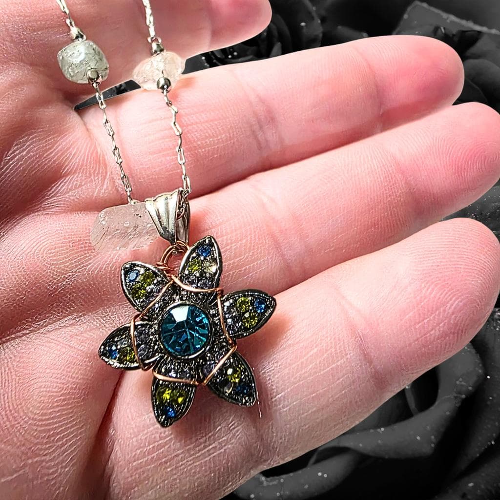 Fluorite Chip 2-Strand Necklace — Copper Wrapped Celestial Pendant — Layered Gem - Thumbnail 6