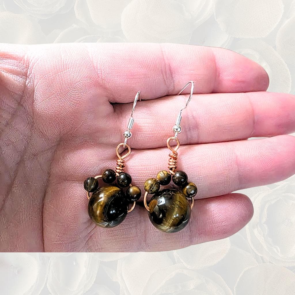 Tiger’s Eye Cat Paw Earrings, Wire Wrapped Copper Jewelry, Sterling Silver Hooks - Thumbnail 3