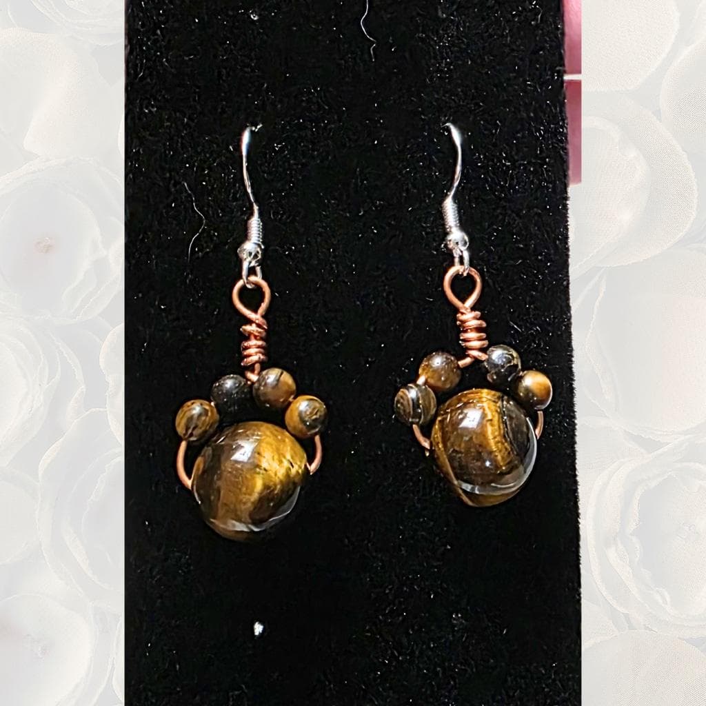 Tiger’s Eye Cat Paw Earrings, Wire Wrapped Copper Jewelry, Sterling Silver Hooks - Thumbnail 5