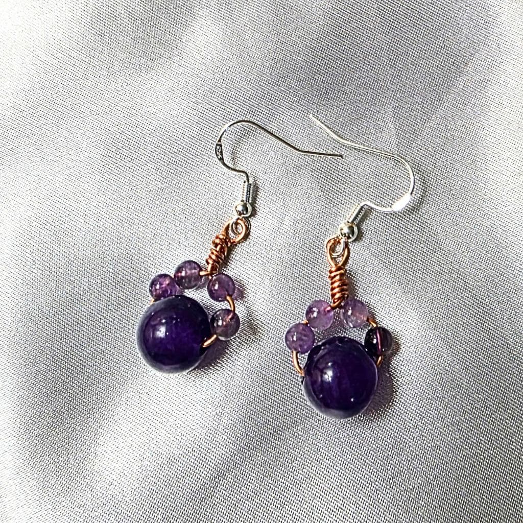 Amethyst Cat Paw Earrings - Handmade Copper Wire Wrapped - Hypoallergenic - Thumbnail 3