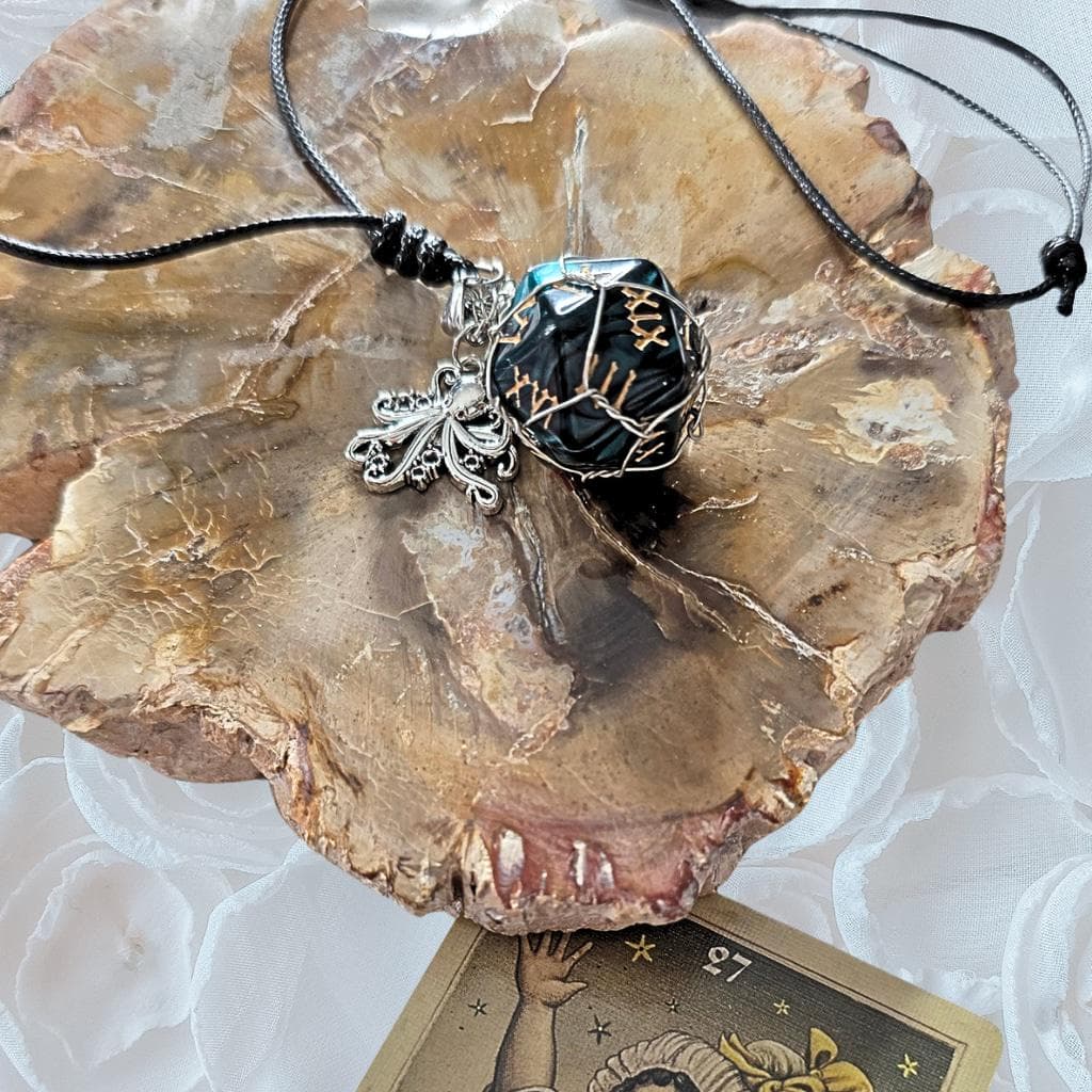 Kraken’s Grasp d12 Necklace – Custom Wire Wrapped Teal 12-Sided Die Pendant - Thumbnail 2