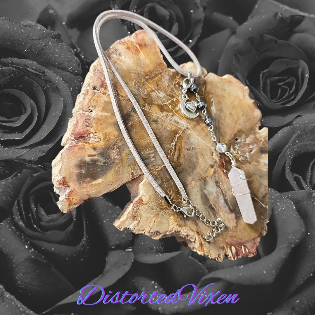 Rose Quartz Moon Necklace, Hematite Beads, Alt Goth Crystal Jewelry - Thumbnail 8