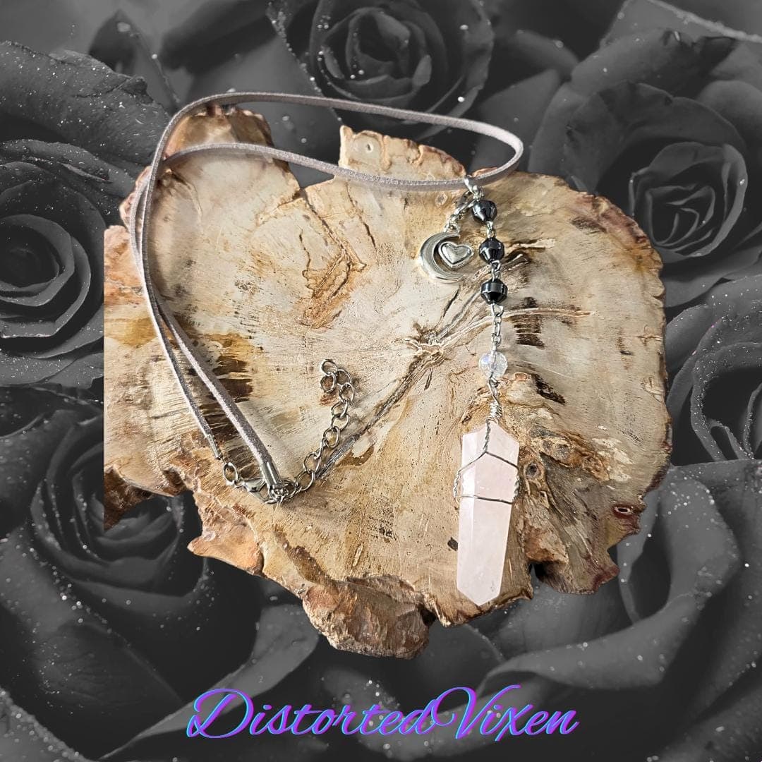 Rose Quartz Moon Necklace, Hematite Beads, Alt Goth Crystal Jewelry - Thumbnail 2