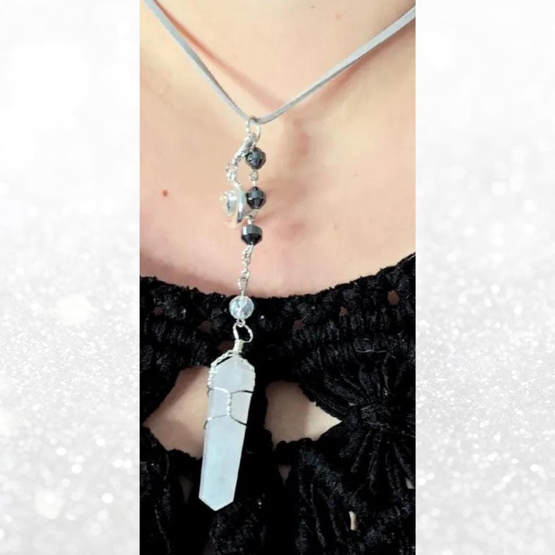 Rose Quartz Moon Necklace, Hematite Beads, Alt Goth Crystal Jewelry