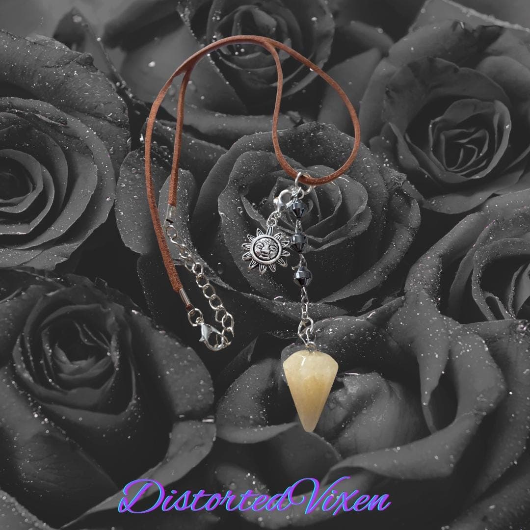 Yellow Calcite Pendulum Necklace, Hematite Beads, Sun Charm, Suede Cord - Thumbnail 4
