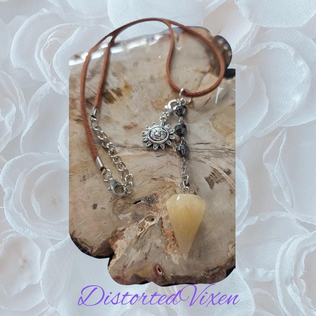 Yellow Calcite Pendulum Necklace, Hematite Beads, Sun Charm, Suede Cord - Thumbnail 10