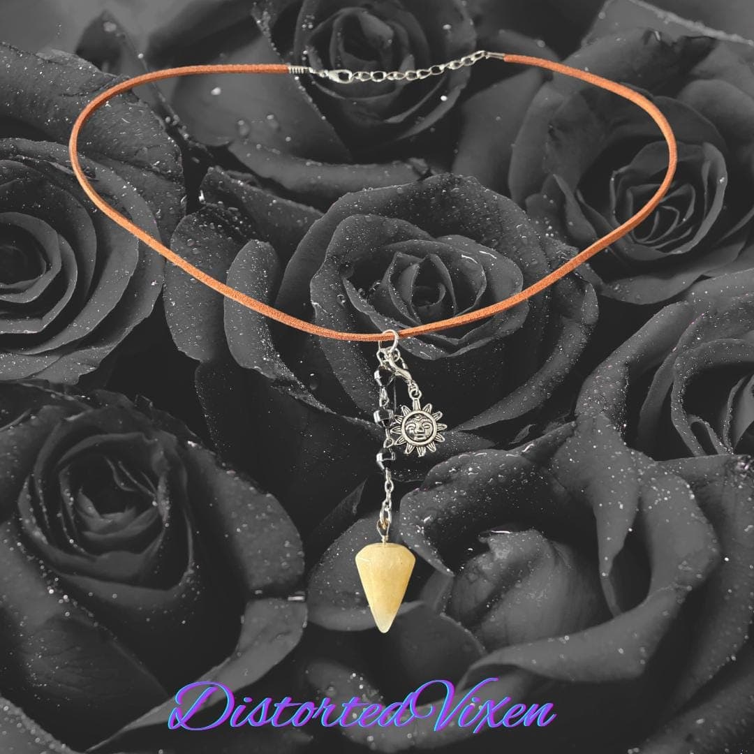 Yellow Calcite Pendulum Necklace, Hematite Beads, Sun Charm, Suede Cord - Thumbnail 5