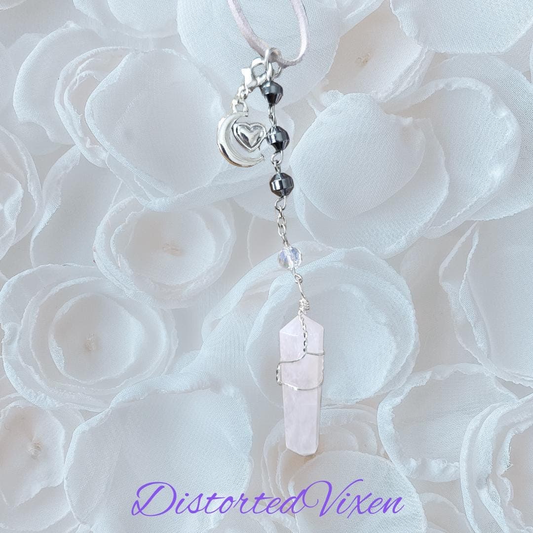 Rose Quartz Moon Necklace, Hematite Beads, Alt Goth Crystal Jewelry - Thumbnail 5