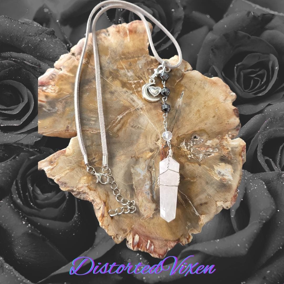 Rose Quartz Moon Necklace, Hematite Beads, Alt Goth Crystal Jewelry - Thumbnail 7