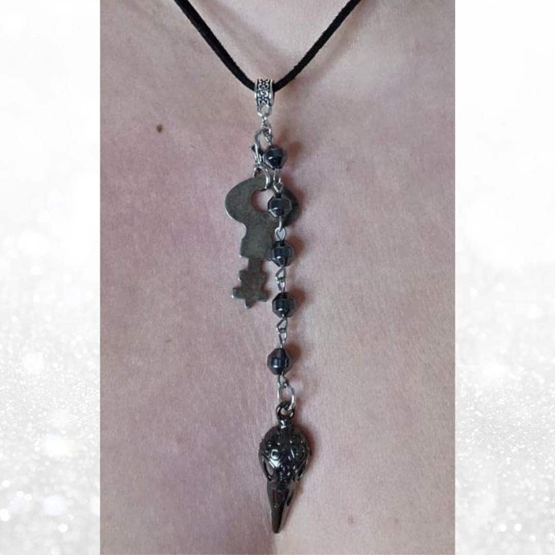 Raven Skull Key Necklace, Hematite Beads, Witchy Goth Talisman
