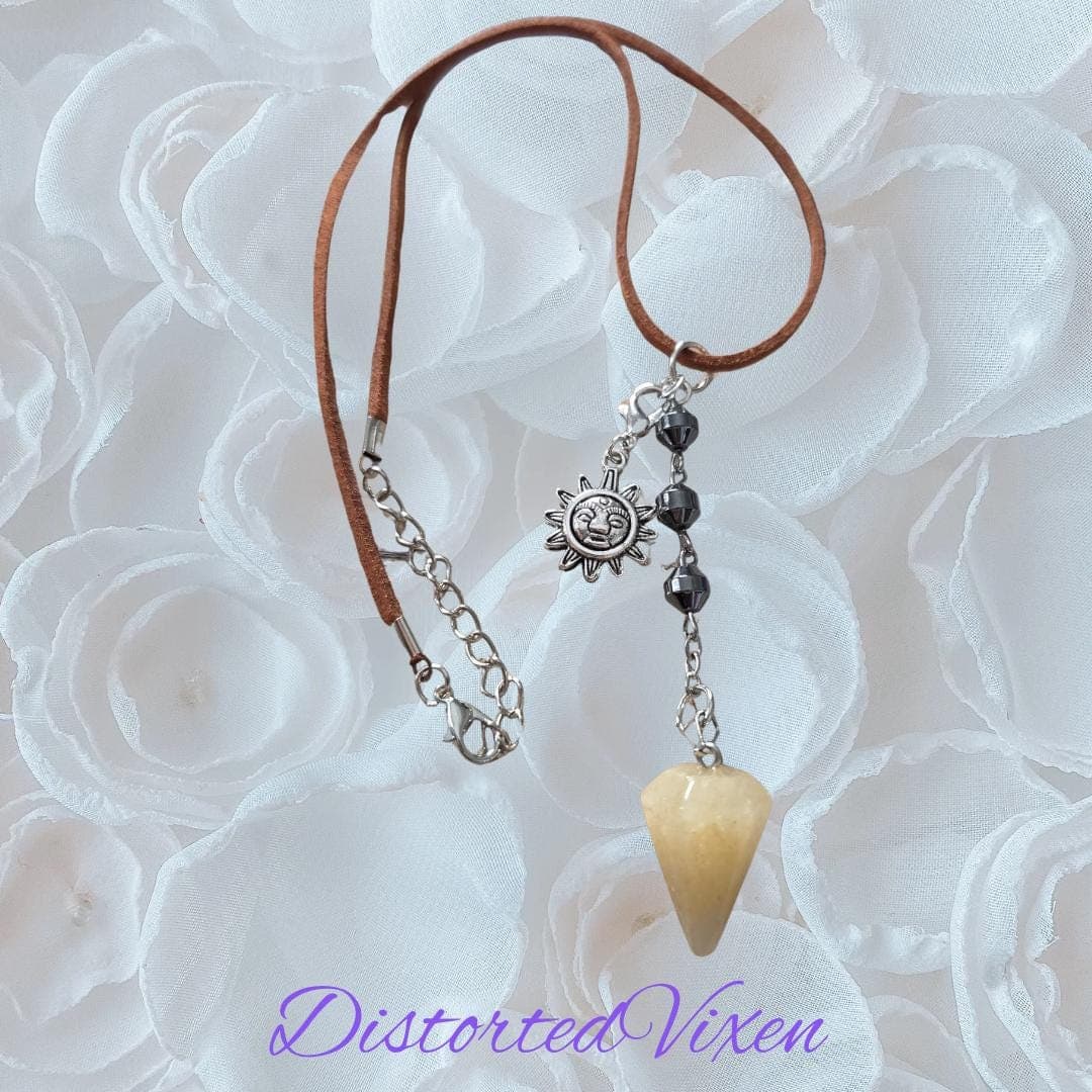 Yellow Calcite Pendulum Necklace, Hematite Beads, Sun Charm, Suede Cord - Thumbnail 9