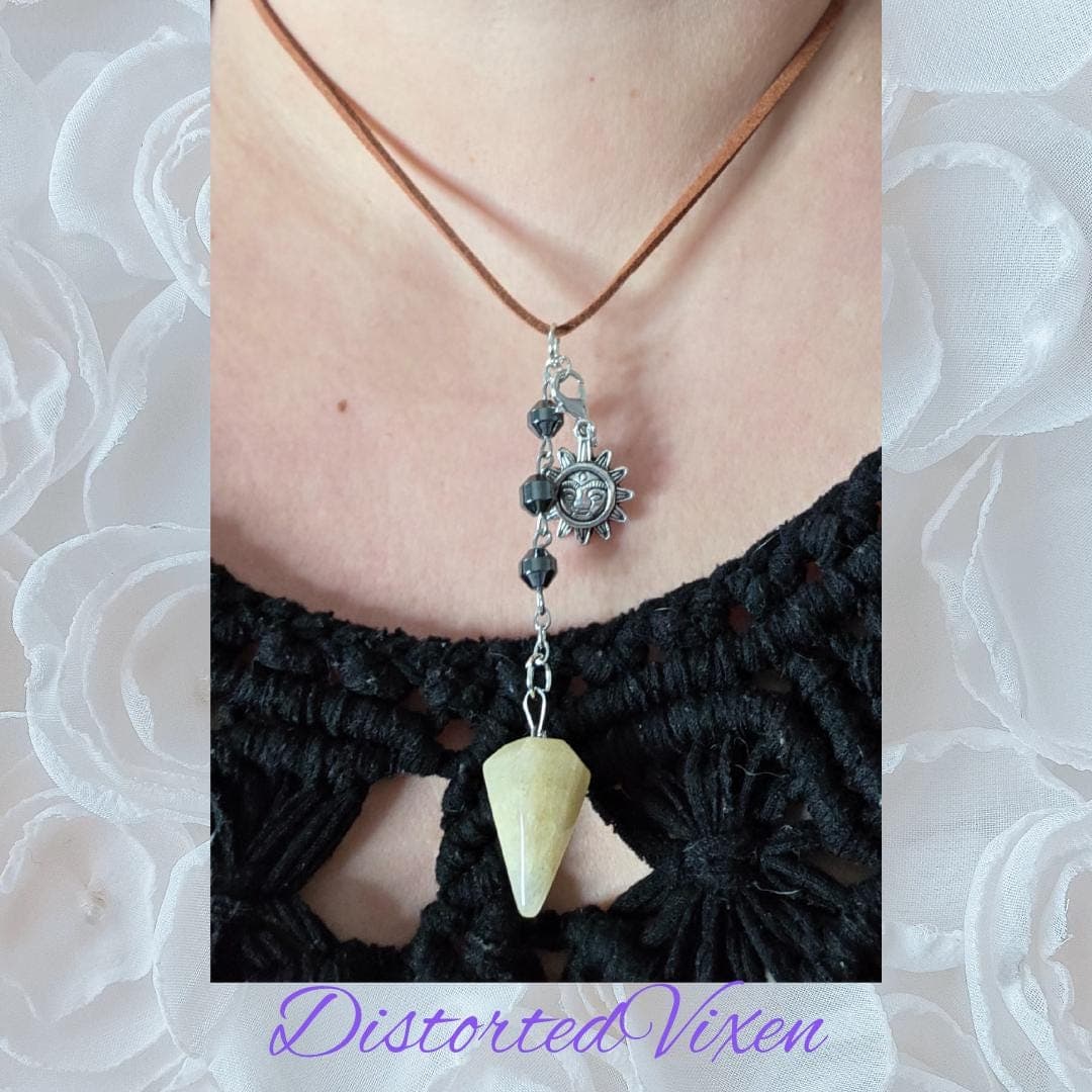 Yellow Calcite Pendulum Necklace, Hematite Beads, Sun Charm, Suede Cord - Thumbnail 6