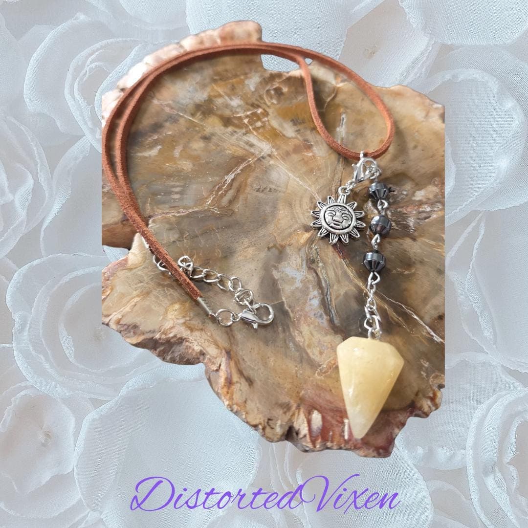 Yellow Calcite Pendulum Necklace, Hematite Beads, Sun Charm, Suede Cord - Thumbnail 7
