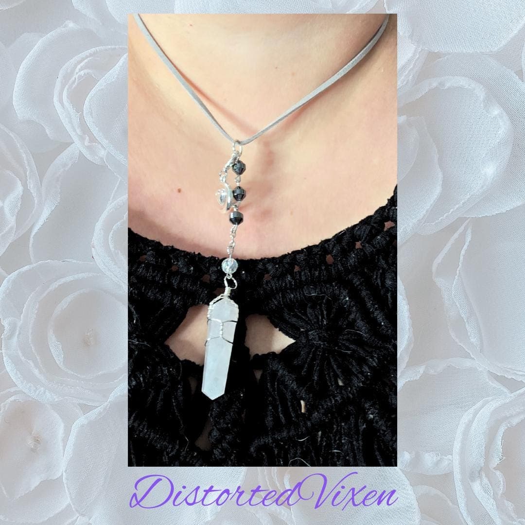 Rose Quartz Moon Necklace, Hematite Beads, Alt Goth Crystal Jewelry - Thumbnail 9