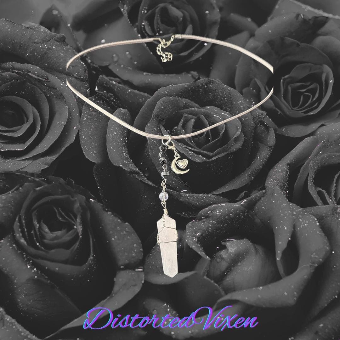 Rose Quartz Moon Necklace, Hematite Beads, Alt Goth Crystal Jewelry - Thumbnail 6