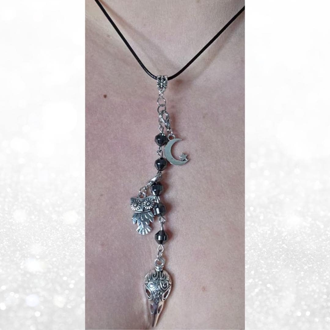 Raven Skull Necklace, Hematite Beads, Witchy Goth Talisman