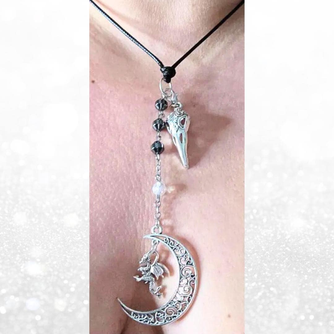 Hematite Dragon Moon Raven Skull Necklace, Witchy Goth Talisman