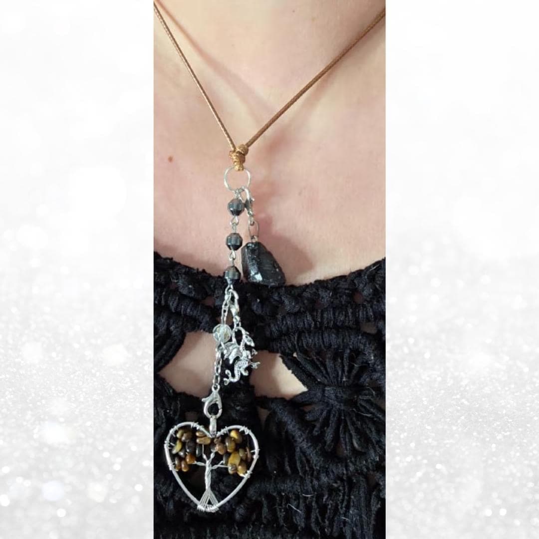 Tiger's Eye Dragonheart Necklace, Hematite, Leather Cord Talisman