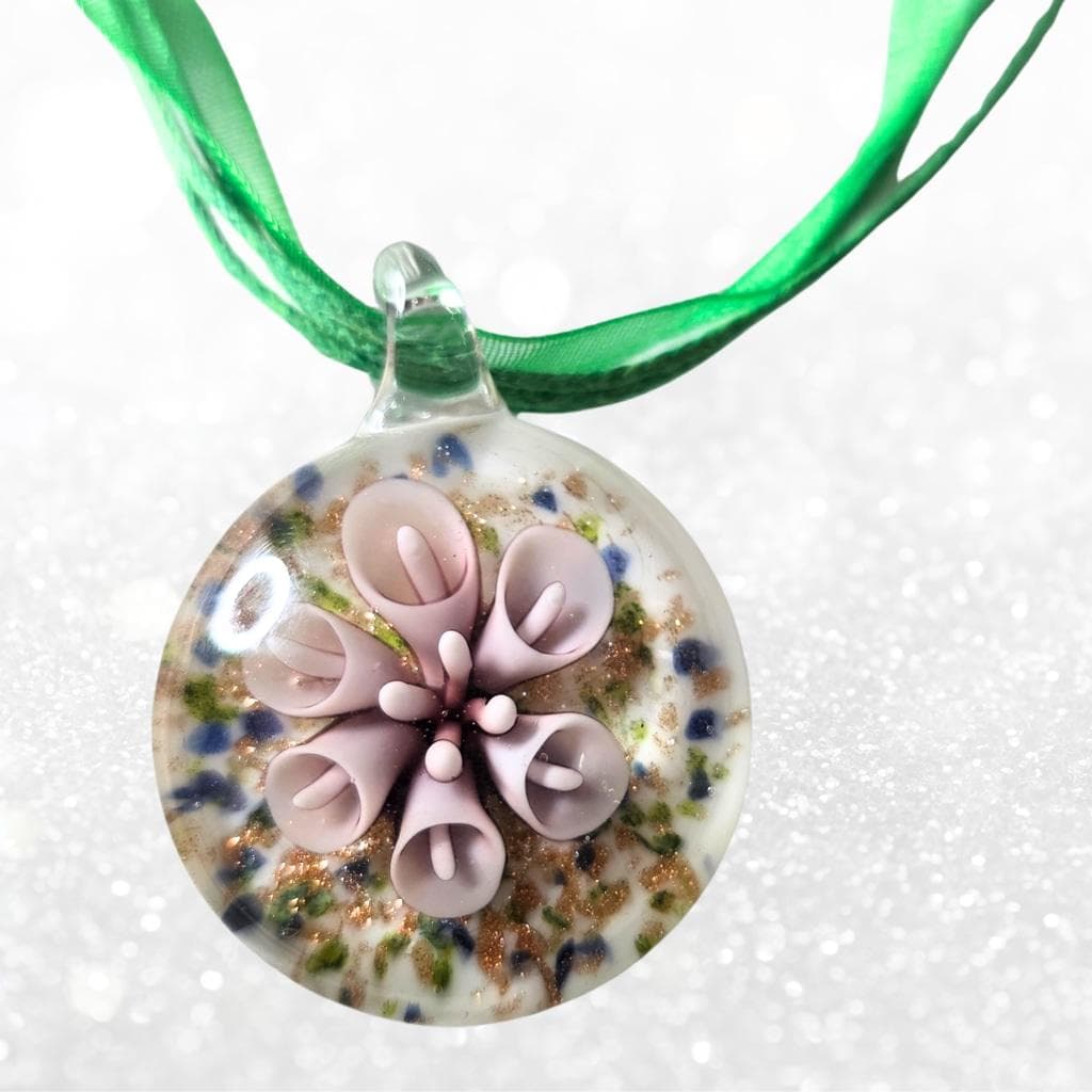 Green Ribbon Flower Pendant Necklace, Botanical Jewelry - Thumbnail 5