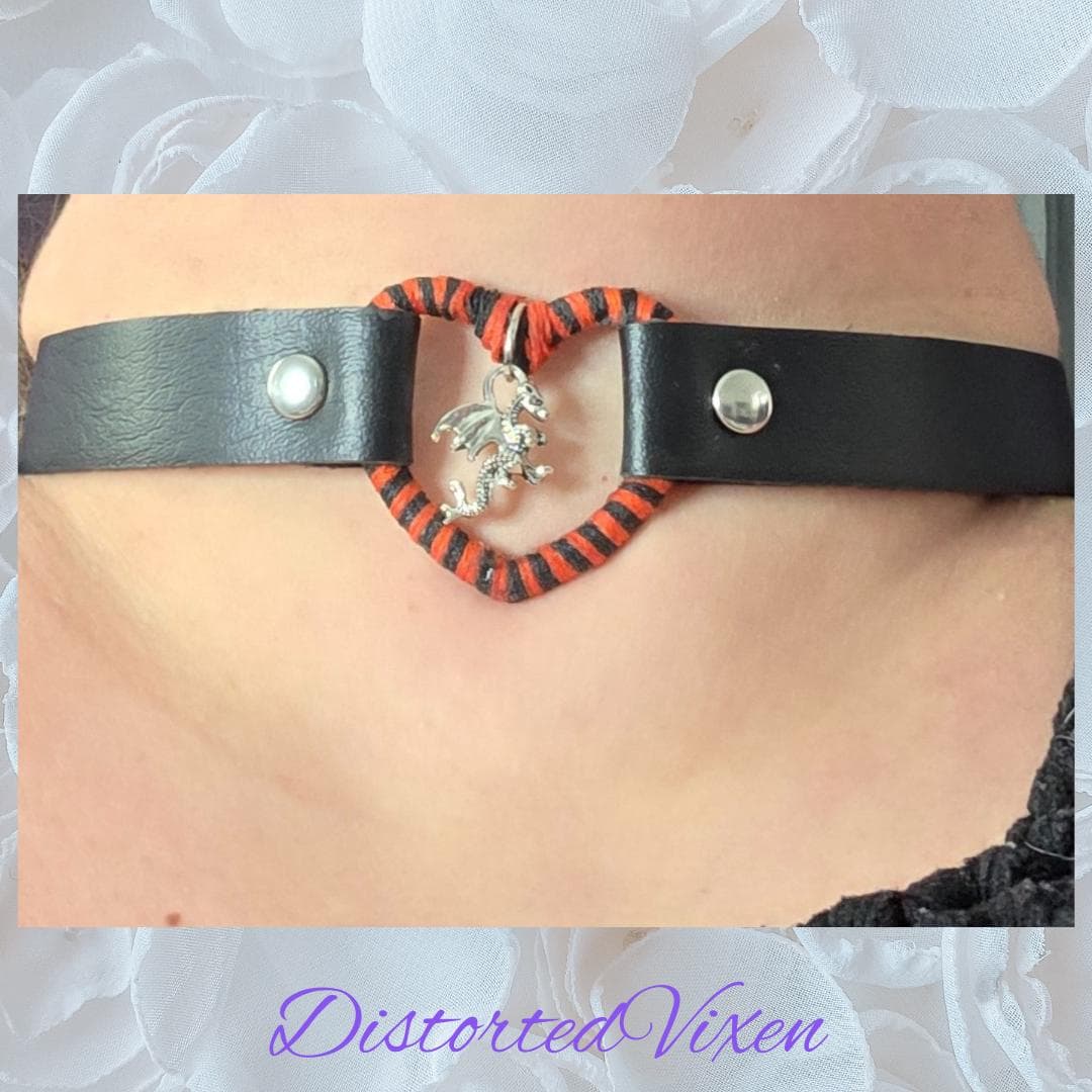 Dragon Heart Choker, Orange & Black, Gothic Faux Leather Collar - Thumbnail 9