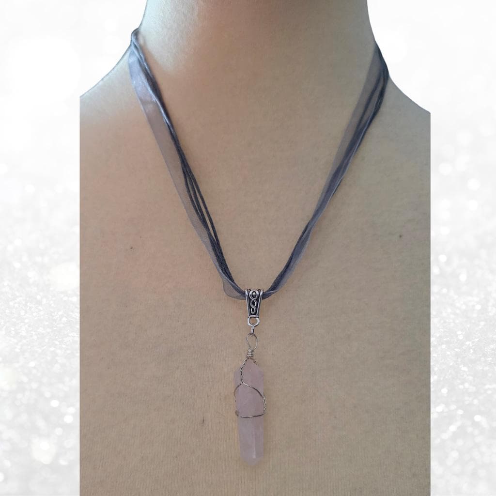 Rose Quartz Crystal Point Necklace | Wire Wrapped Pendulum & Choker - Thumbnail 8