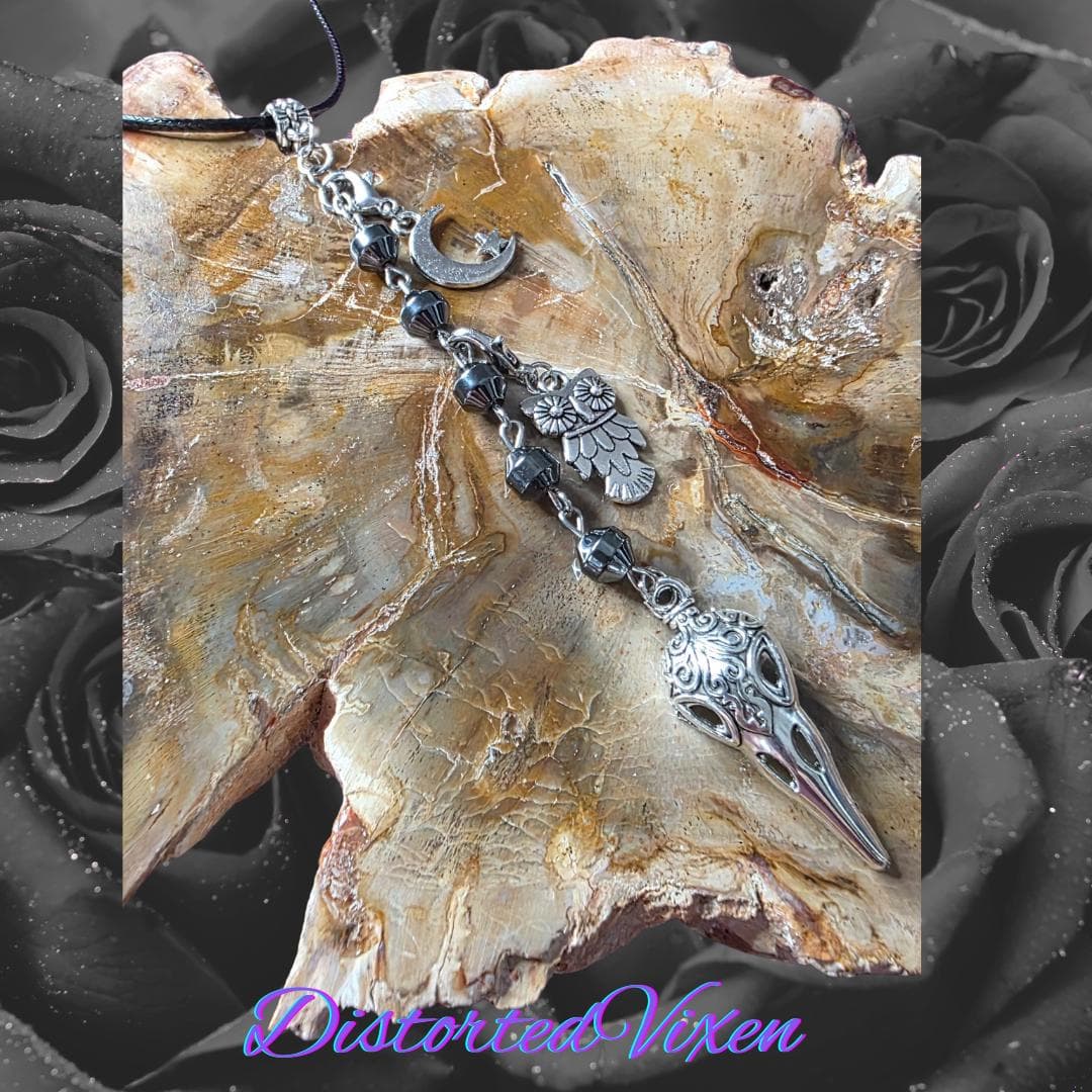 Raven Skull Necklace, Hematite Beads, Witchy Goth Talisman - Thumbnail 8