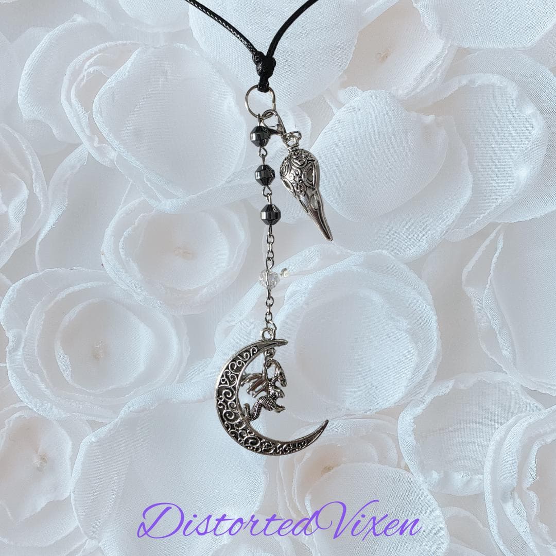 Hematite Dragon Moon Raven Skull Necklace, Witchy Goth Talisman - Thumbnail 10