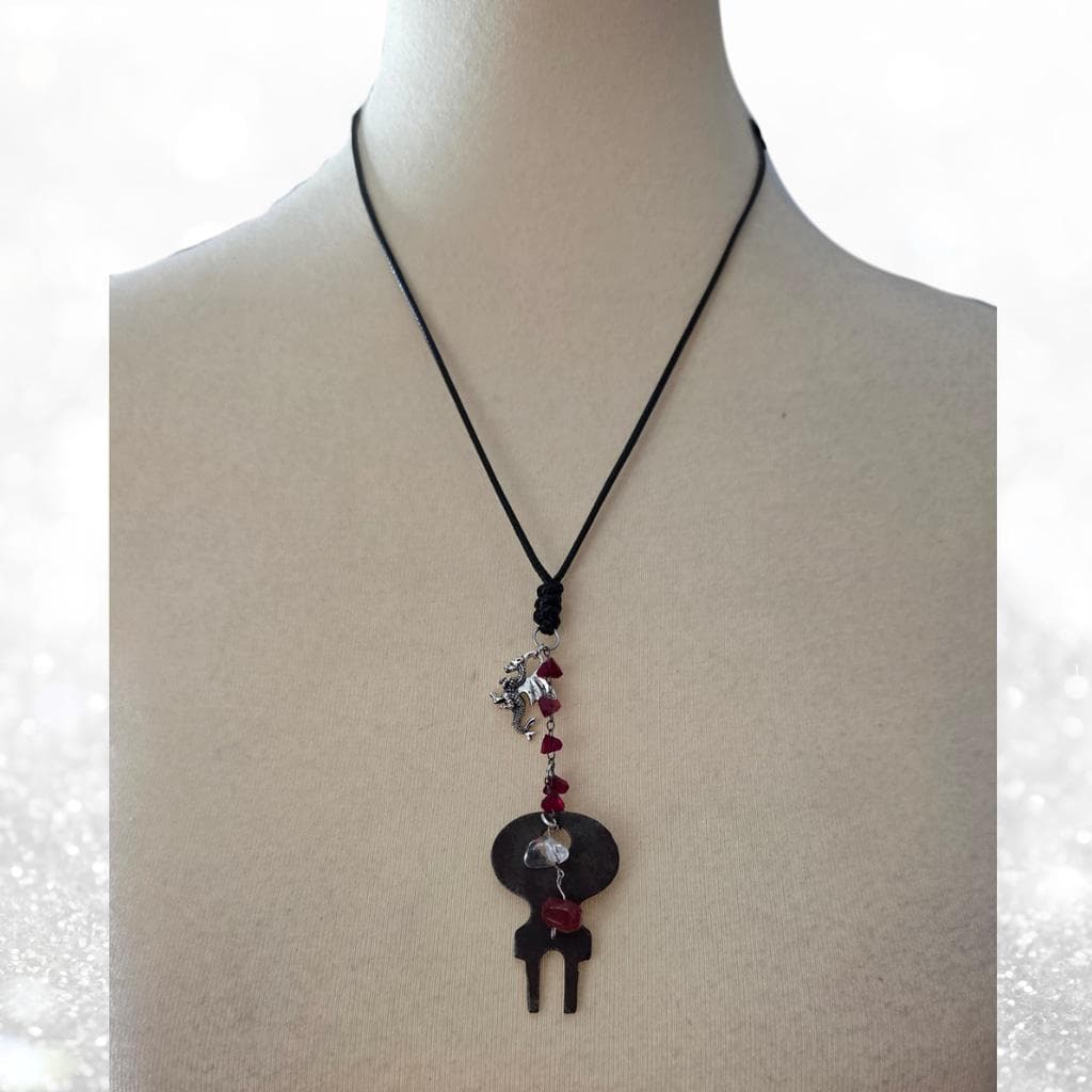 Antique Skeleton Key Necklace Clear Quartz & Carnelian - Gothic Dragon Talisman - Thumbnail 6