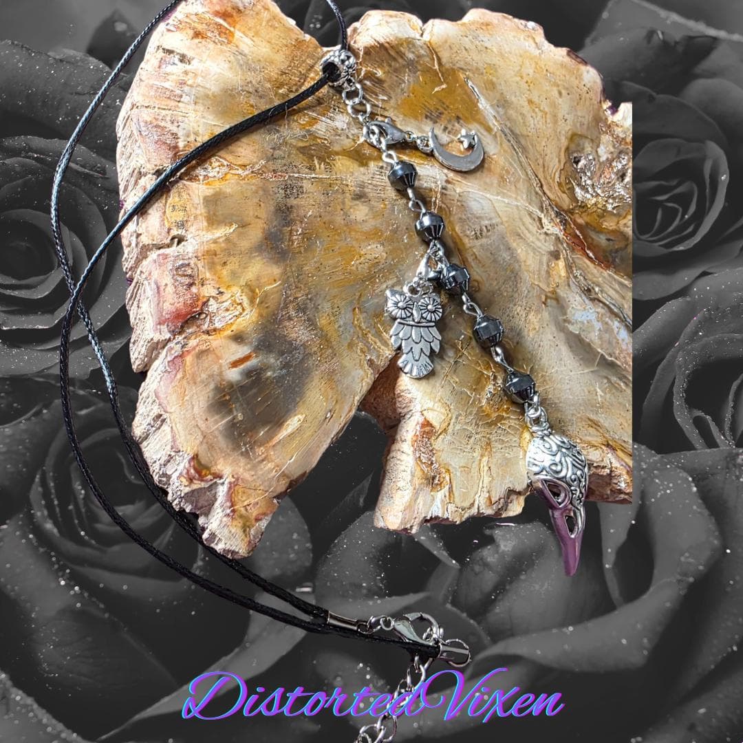 Raven Skull Necklace, Hematite Beads, Witchy Goth Talisman - Thumbnail 2