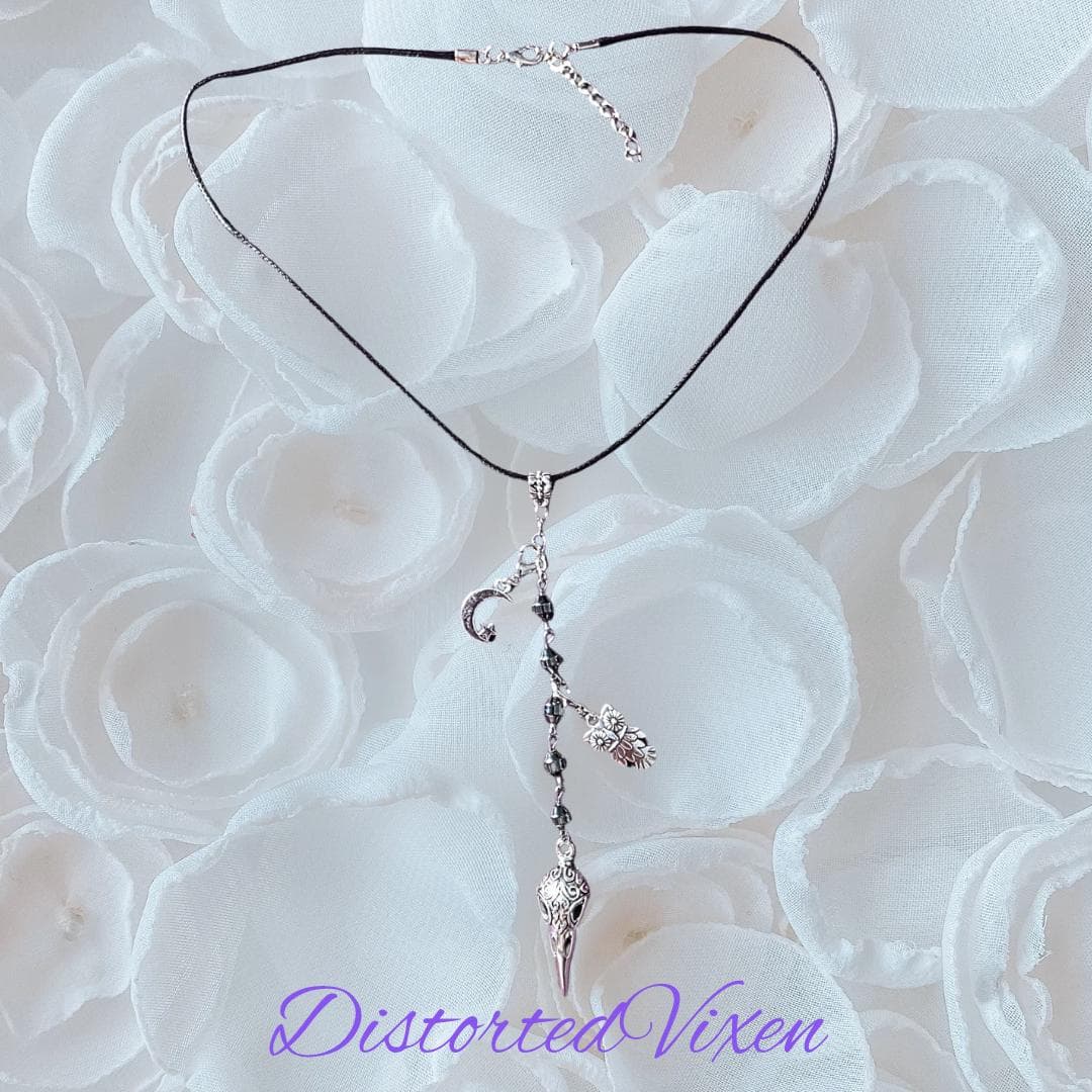 Raven Skull Necklace, Hematite Beads, Witchy Goth Talisman - Thumbnail 7