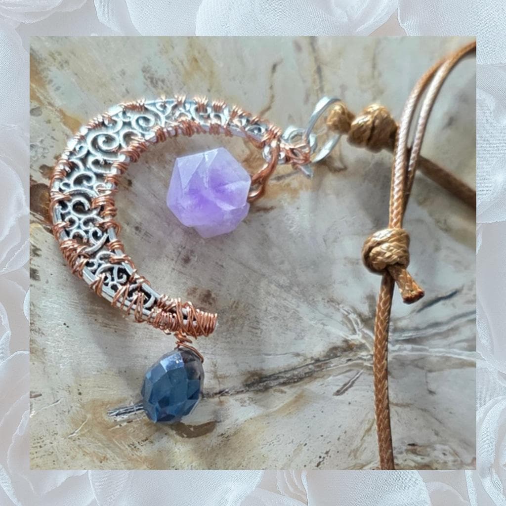 Amethyst Crescent Moon Necklace, Copper Wire Wrapped Pendant, Blue Drop Necklace - Thumbnail 4