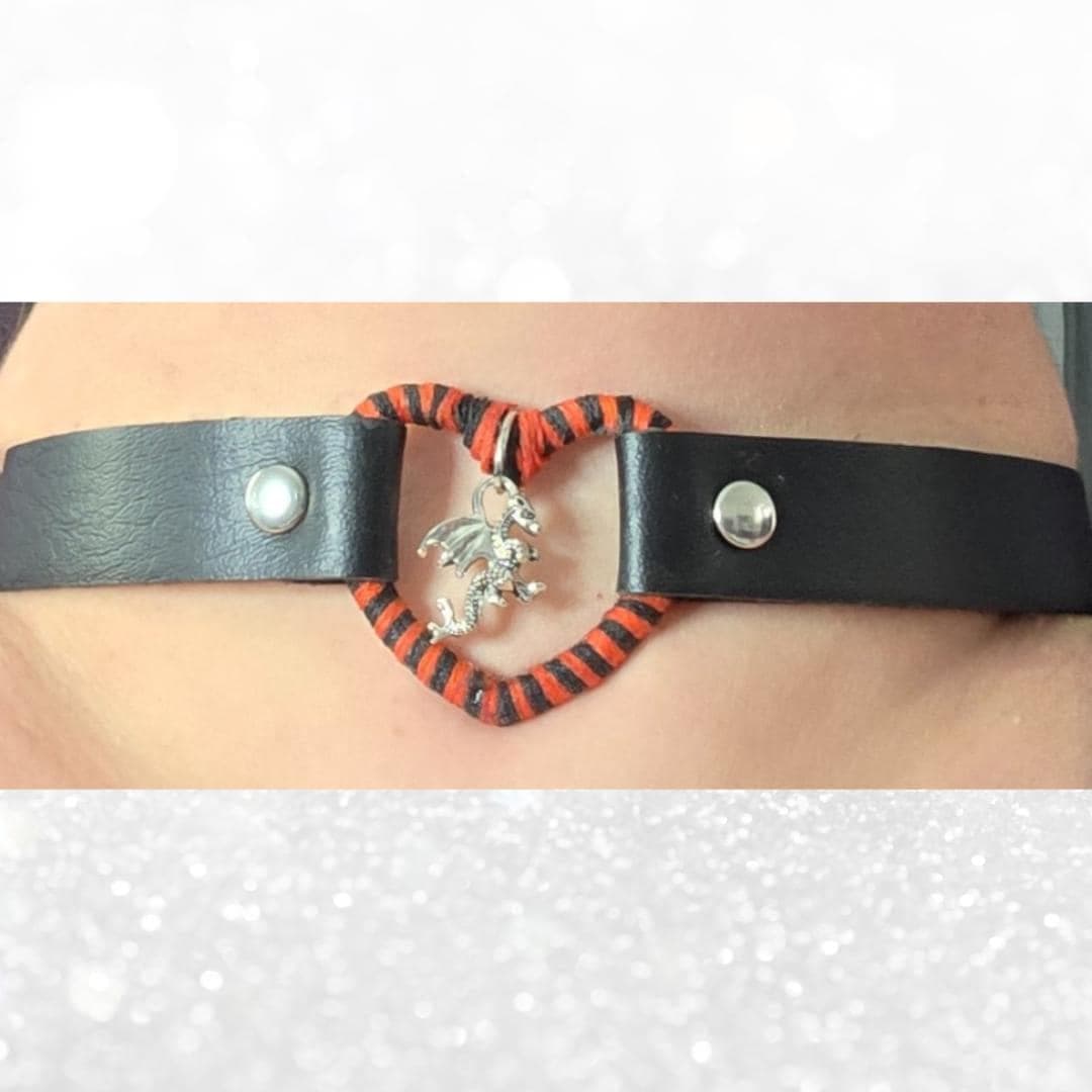 Dragon Heart Choker, Orange & Black, Gothic Faux Leather Collar