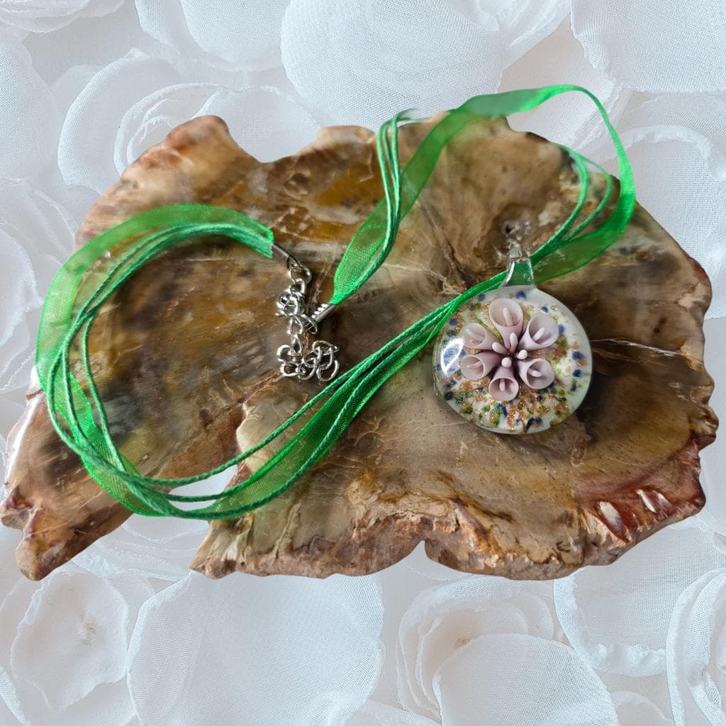 Green Ribbon Flower Pendant Necklace, Botanical Jewelry - Thumbnail 2