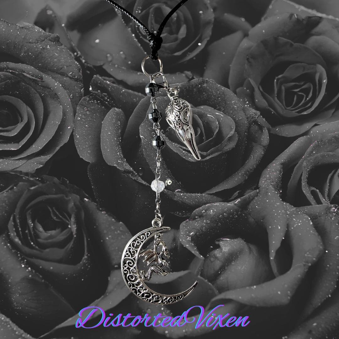Hematite Dragon Moon Raven Skull Necklace, Witchy Goth Talisman - Thumbnail 6